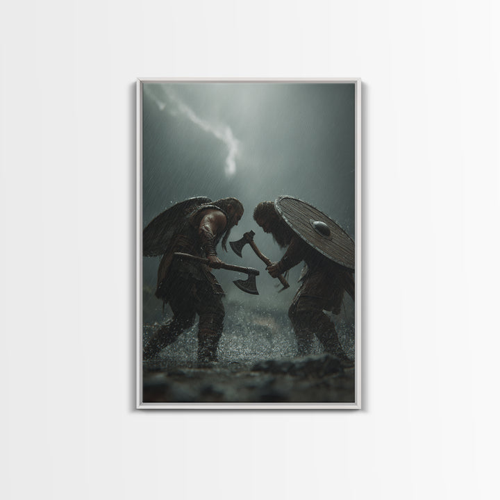 Viking Warriors Duel In Heavy Rain Wall Art, Nordic Battle Canvas Print, Dark Fantasy Decor, Masculine Office Art Gift For Him
