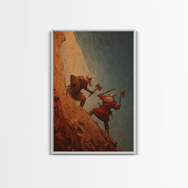 Viking Cliff Duel Wall Art, Norse Axes And Shields Fantasy Canvas Print, Warrior Battle Decor, Medieval Man Cave Wall Decor