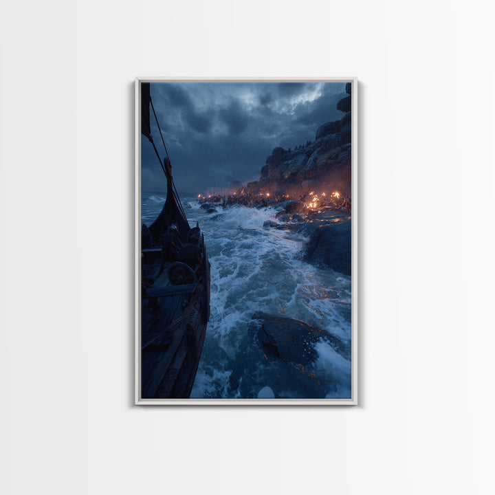 Viking Longship Landing On Stormy Coast Canvas Print, Norse Seascape Wall Art, Maritime Decor, Dark Fantasy Gift For Him
