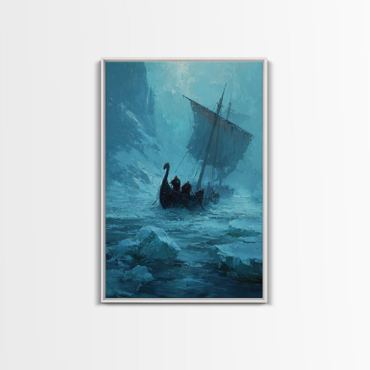 Icy Viking Ship At Sea Canvas Print, Nautical Wall Art, Norse Decor, Coastal Seascape, Fantasy Adventure Home Decor For Living Room
