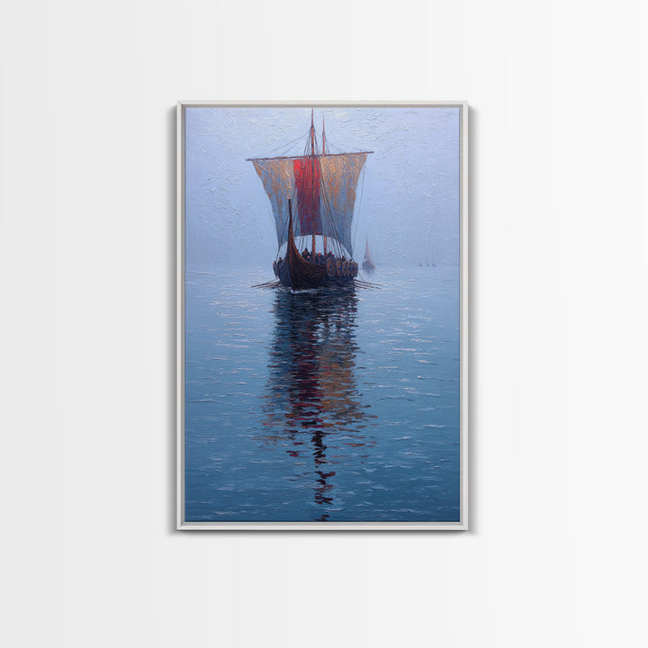 Viking Longship Sailing On Blue Water Framed Canvas Print, Nautical Wall Art, Nordic Seascape Decor, Lake House Art Print