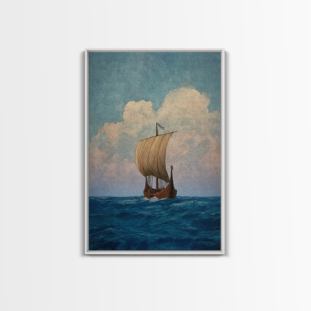 Viking Longship Sailing On Blue Sea Wall Art, Nautical Canvas Print, Scandinavian Coastal Decor, Historical Travel Poster