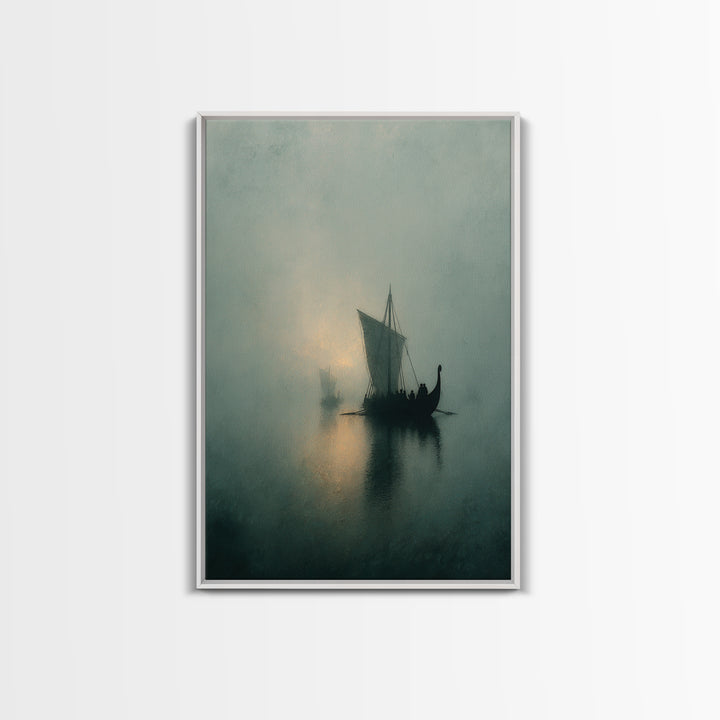 Misty Viking Sailboat On Foggy Water, Framed Canvas Print, Moody Seascape Wall Art, Nautical Decor, Nordic Coastal Art Print