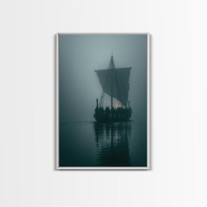 Misty Viking Longship On Dark Water Wall Art, Nordic Nautical Canvas Print, Moody Coastal Decor, Fantasy Seascape Living Room Art