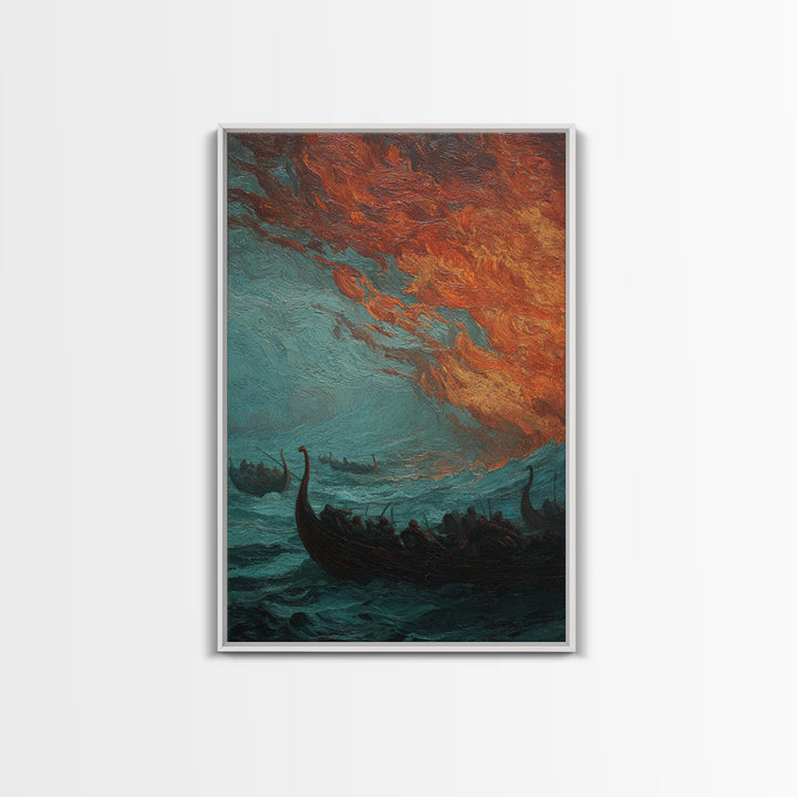 Viking Longships Under Fiery Storm Sky Wall Art, Norse Seascape Canvas Print, Dark Academia Coastal Home Decor, Living Room Decor