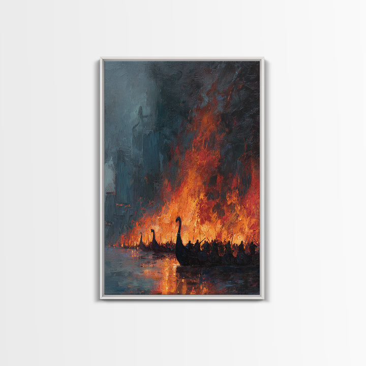 Burning Viking Ships On Dark Harbor Wall Art, Epic Historical Battle Canvas, Moody Seascape, Fantasy Living Room Decor, Home Decor