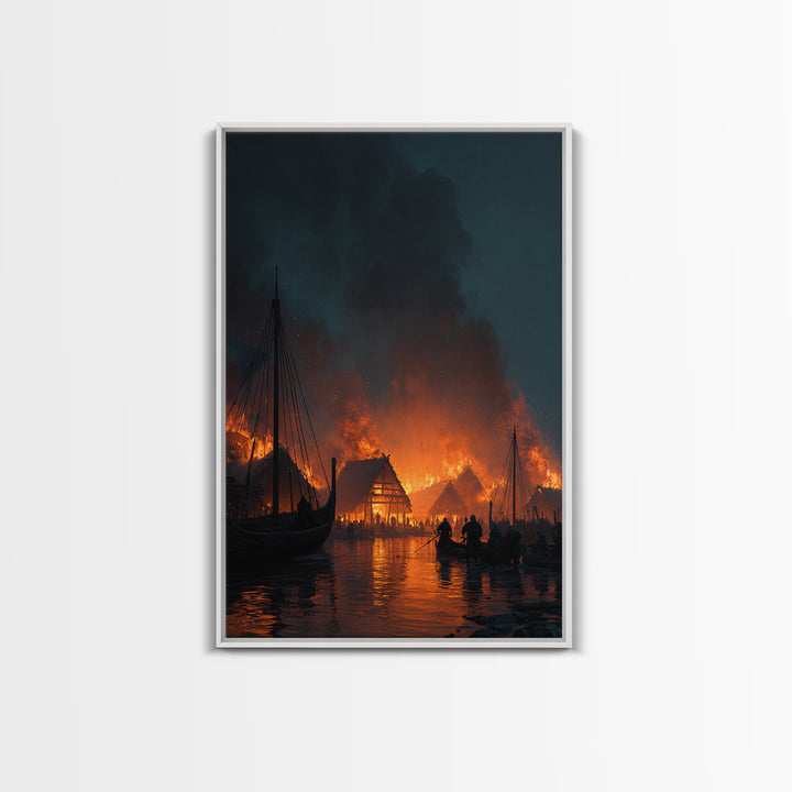 Burning Viking Harbor At Night Wall Art, Nordic Village Canvas Print, Dark Fantasy Decor, Moody Seascape Living Room Art