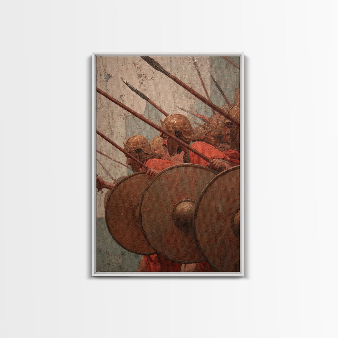 Ancient Shield Wall Canvas Print, Greek Phalanx Soldiers With Spears, Historical Battle Art For Masculine Office Decor Gift