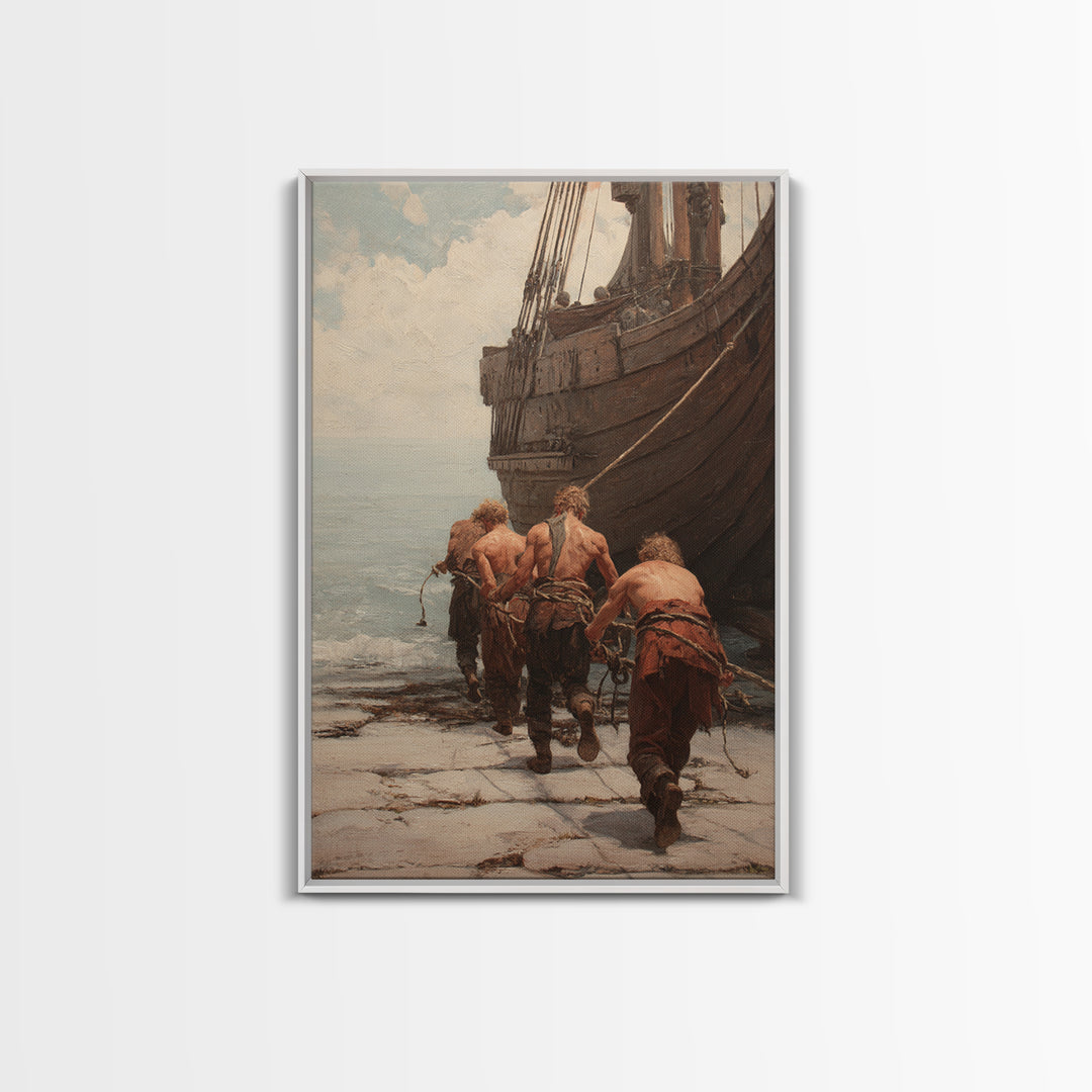 Ancient Ship Haulers Canvas Print, Roman Harbor Warrior Wall Art, Historical Oil Painting, Masculine Office Decor Gift For Him