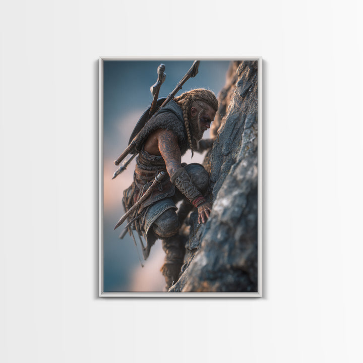 Viking Climbing Sheer Mountain Cliff Framed Canvas Print, Norse Warrior Wall Art, Fantasy Adventure Decor Print, Gift For Him