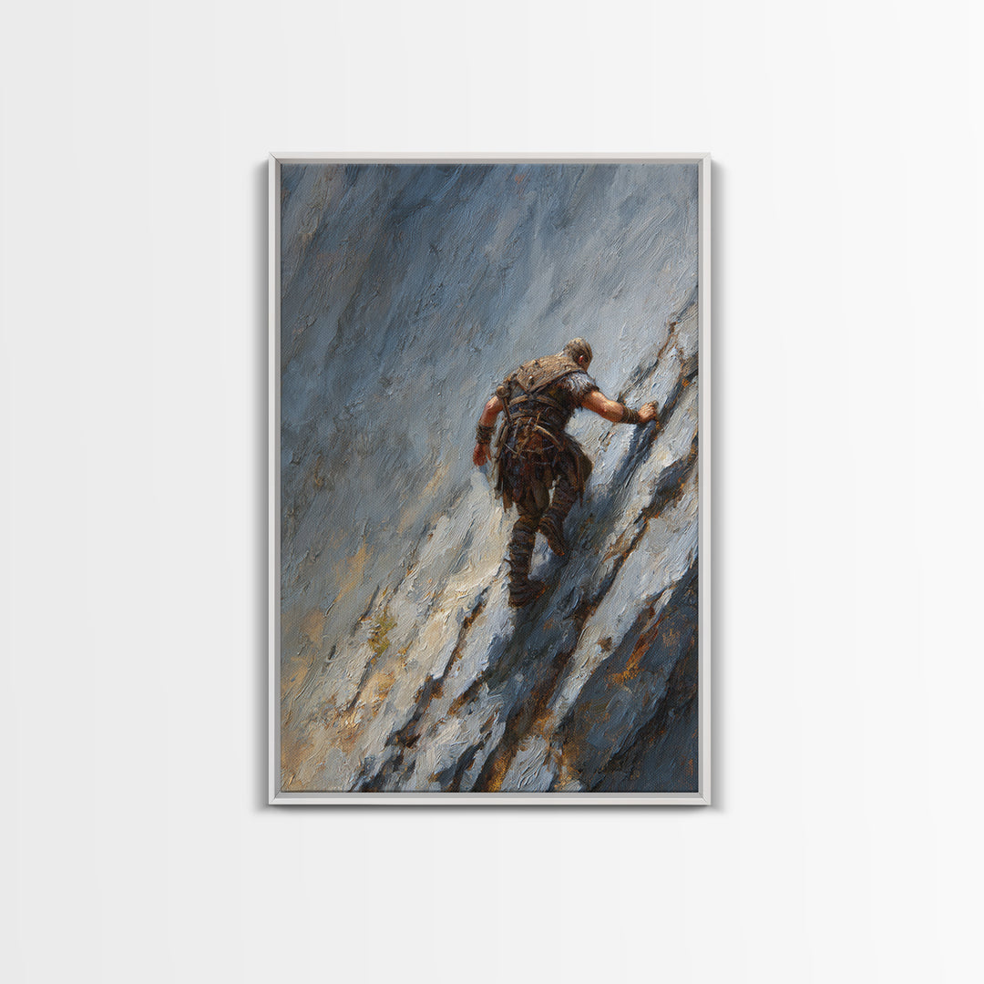 Viking Climber Scaling Icy Mountain Face Framed Canvas Print, Adventure Wall Art, Norse Landscape Office Decor, Gift For Him