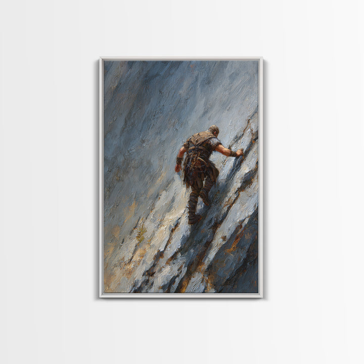 Viking Climber Scaling Icy Mountain Face Framed Canvas Print, Adventure Wall Art, Norse Landscape Office Decor, Gift For Him