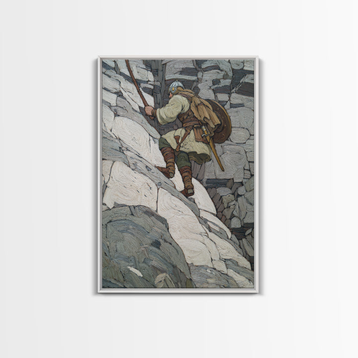 Viking Climber Scaling Snowy Cliffs Canvas Print, Norse Adventure Wall Art, Mountain Landscape Decor, Rustic Cabin Gift Print