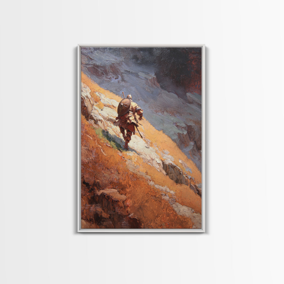 Armored Warrior Hiking Rugged Mountain Pass Canvas Print, Fantasy Landscape Art, Viking Wall Decor, Adventure Home Decor