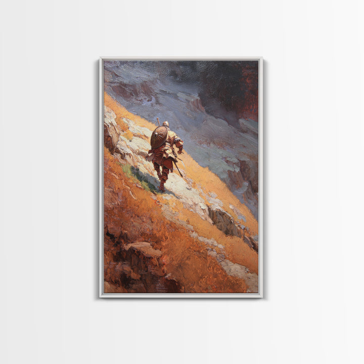 Armored Warrior Hiking Rugged Mountain Pass Canvas Print, Fantasy Landscape Art, Viking Wall Decor, Adventure Home Decor