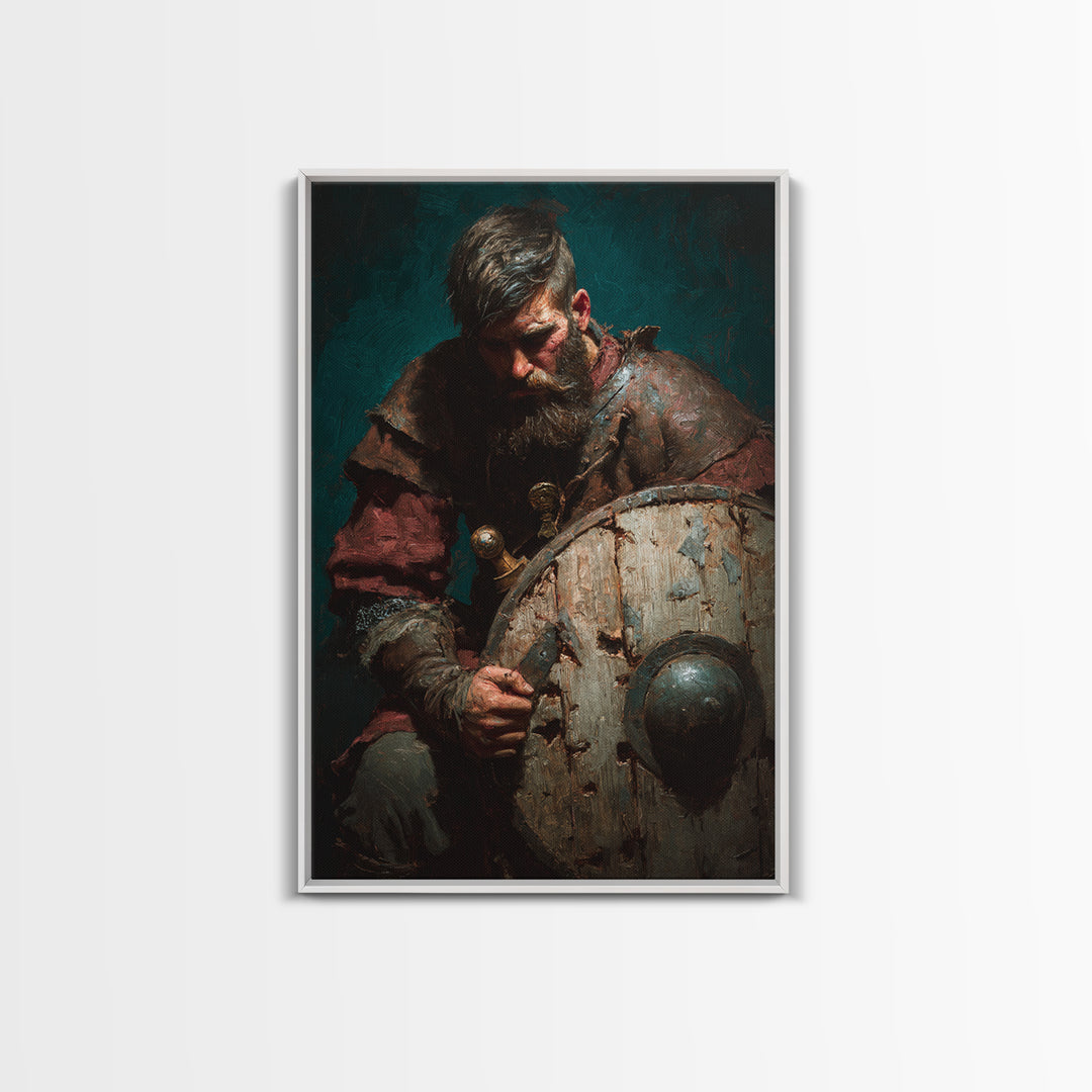 Bearded Viking With Weathered Shield, Canvas Print, Dark Academia Wall Decor, Medieval Portrait Art, Masculine Office Decor