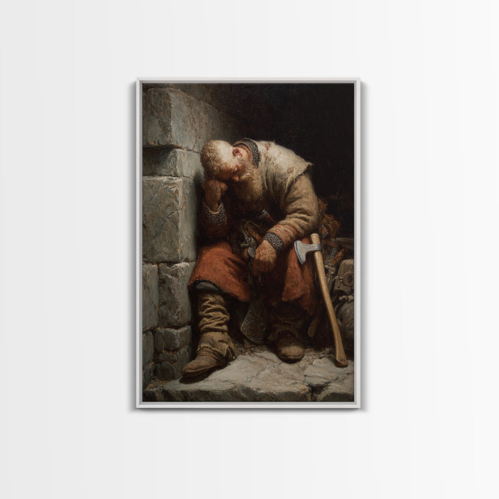 Exhausted Medieval Blacksmith Sleeping By Stone Wall, Canvas Print, Rustic Wall Art, Historical Portrait, Workshop Decor