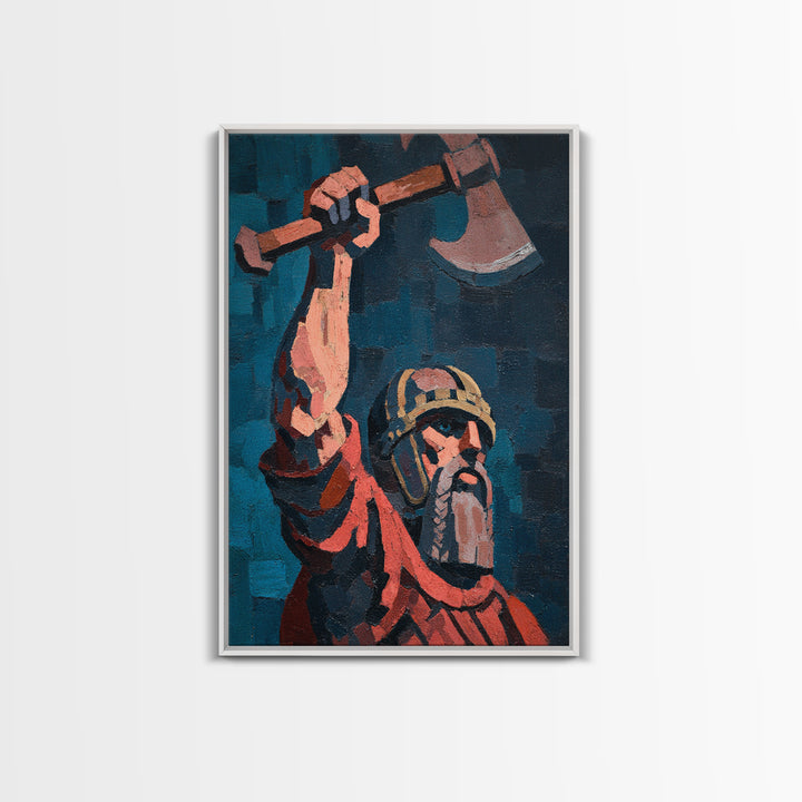 Rustic Viking Warrior Axe Holding Oil Painting Canvas Print For Masculine Wall Art And Western Home Decor