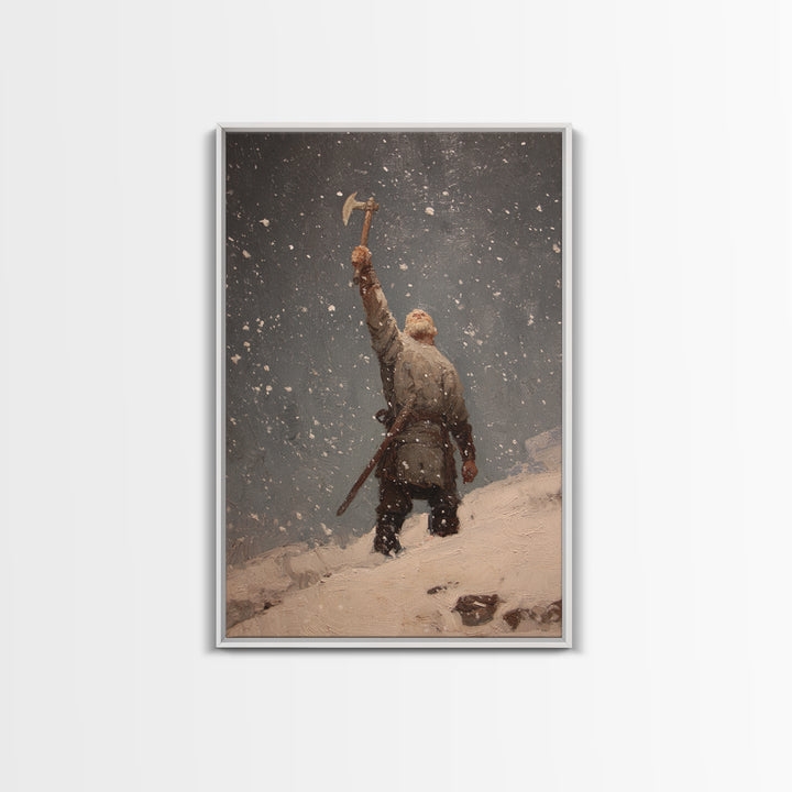Snowy Viking Warrior Raising Axe, Medieval Fantasy Wall Art, Nordic Oil Painting Print, Rustic Cabin Decor, Gift For Him