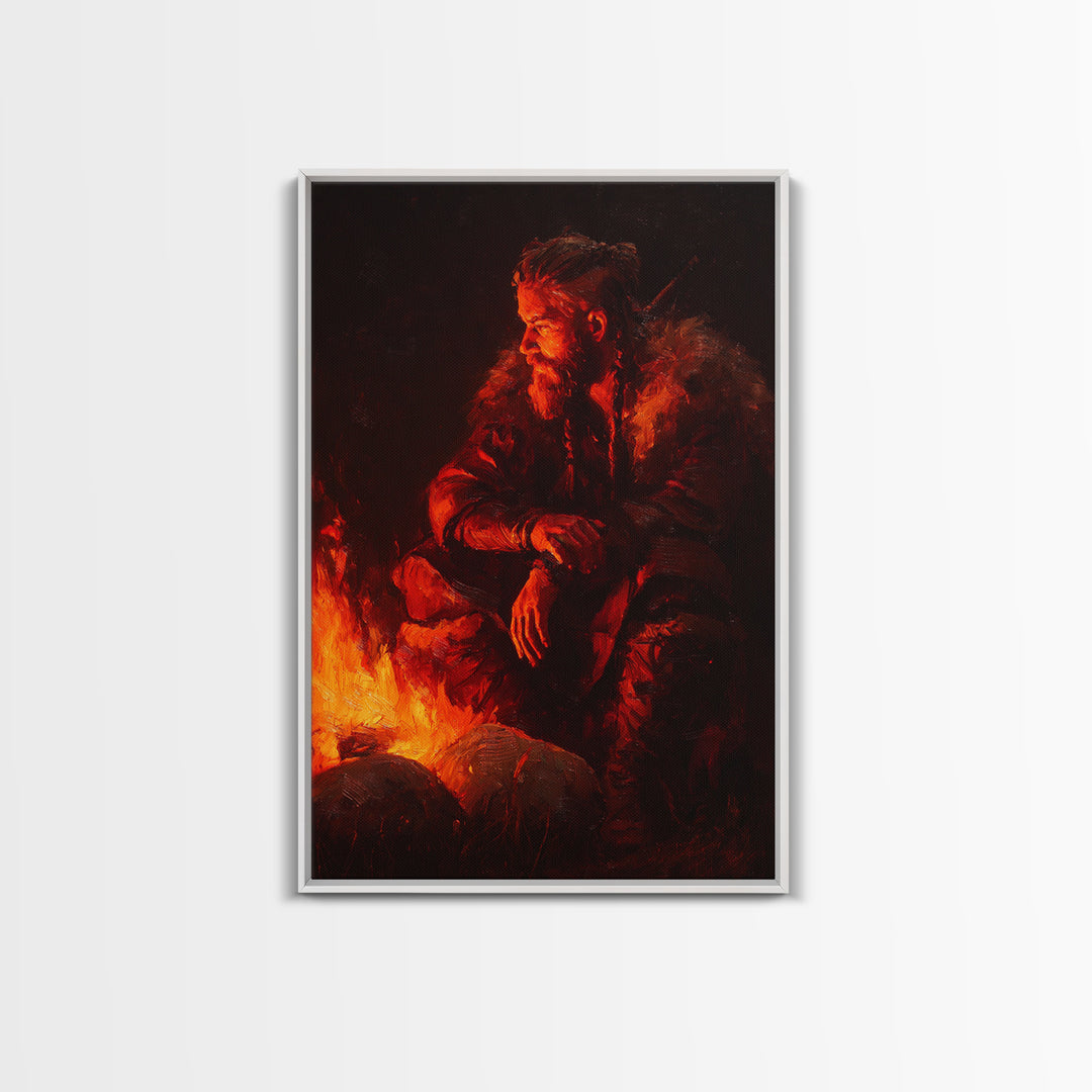 Viking Inspired Bearded Warrior Sitting By Campfire Dramatic Oil Painting Large Framed Canvas Print For Moody Wall Art Rustic Home Décor
