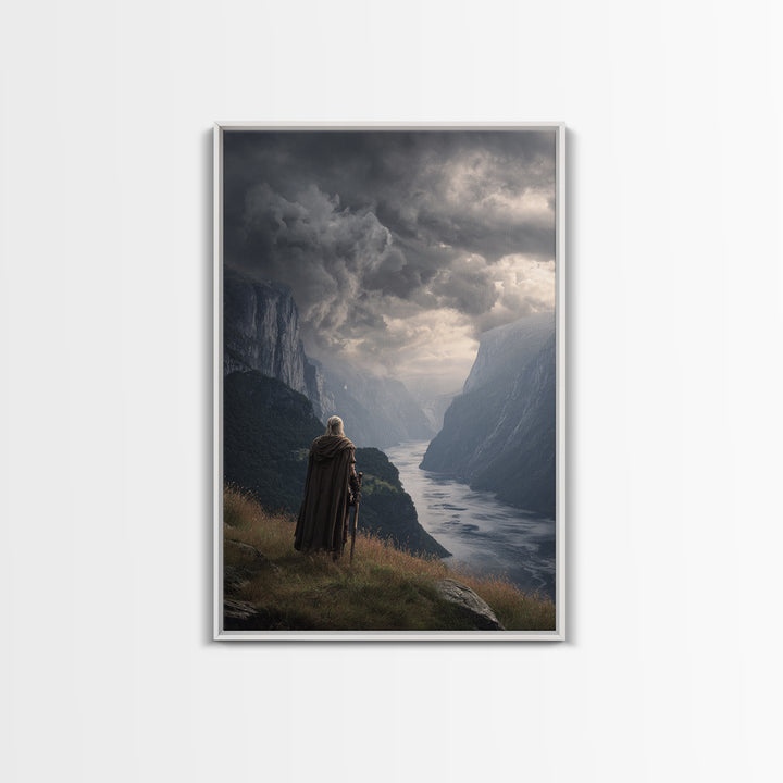 Cloaked Warrior Over Stormy Fjord Wall Art, Epic Nordic Landscape Canvas Print, Dark Academia Decor, Mountain Art Living Room Decor