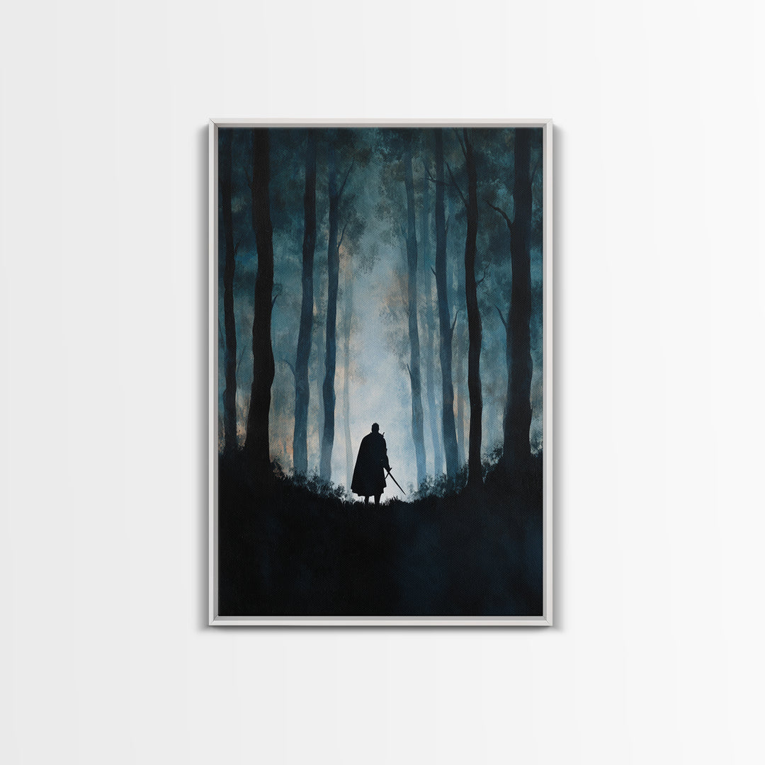 Lone Warrior In Misty Blue Forest Wall Art, Dark Fantasy Canvas Print, Moody Woodland Decor, Medieval Adventure Gift For Him