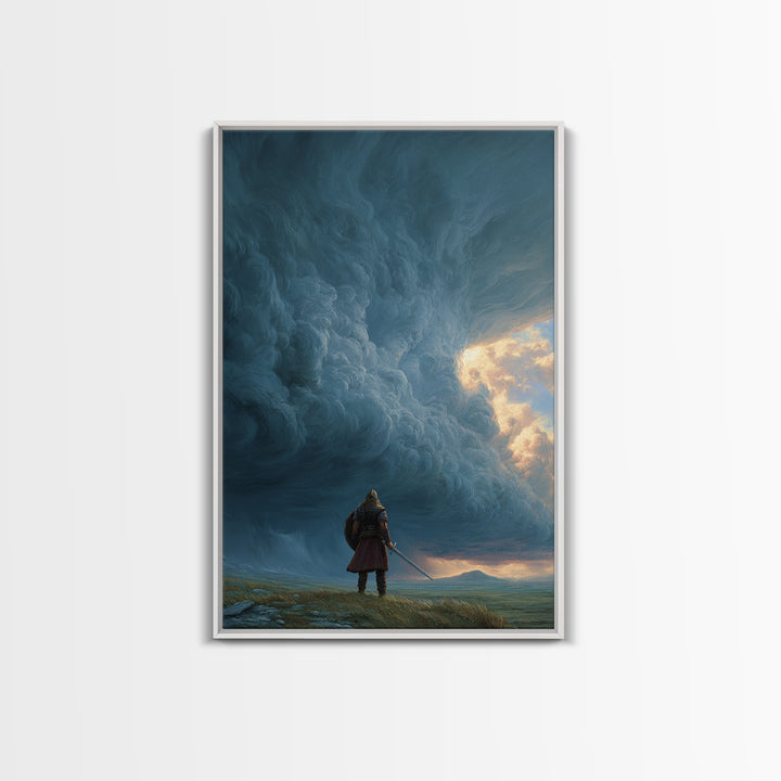 Lone Warrior Beneath Colossal Storm Clouds Wall Art, Fantasy Landscape Canvas, Dramatic Sky Decor, Large Statement Artwork