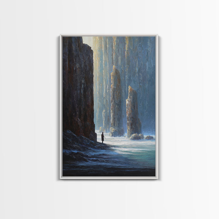 Lone Figure Among Blue Sea Cliffs Canvas Print, Moody Coastal Landscape Art, Fantasy Wall Decor, Modern Home Decor For Office