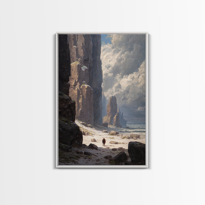 Towering Sea Cliffs And Lone Wanderer Canvas Print, Moody Coastal Landscape Art, Nautical Wall Decor, Living Room Art Print