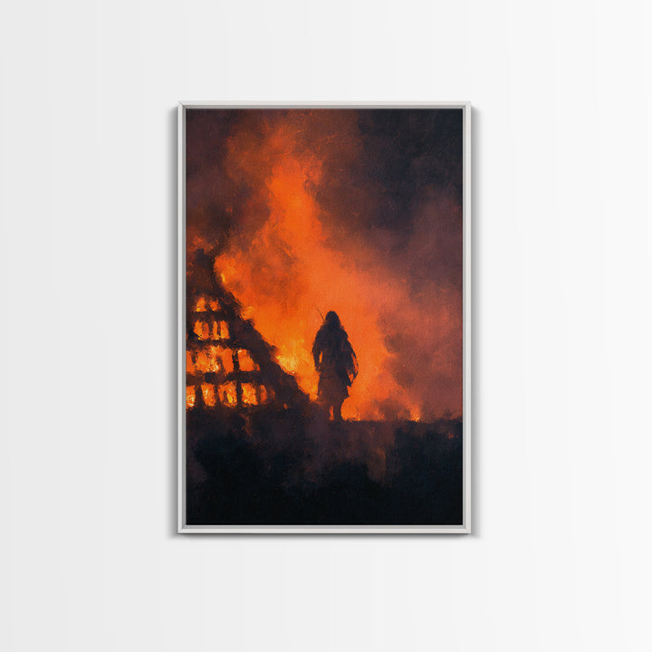 Viking Warrior In Blazing Fire Wall Art, Dark Fantasy Canvas Print, Medieval Battle Decor, Norse Saga Gift For Him, Gothic Decor