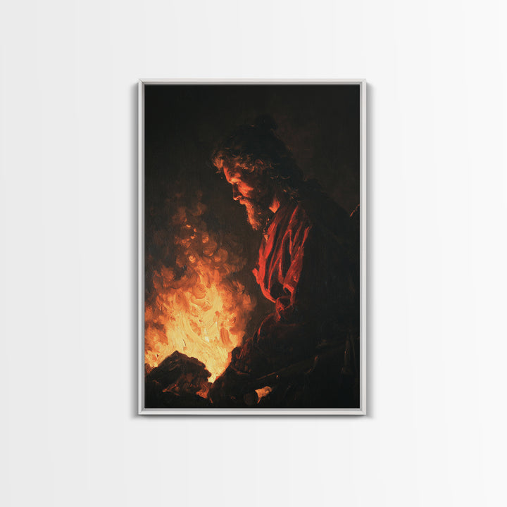 Moody Man Beside Fire Canvas Print, Dark Academia Wall Art, Baroque Inspired Portrait, Rustic Cabin Decor, Gift For Him Print