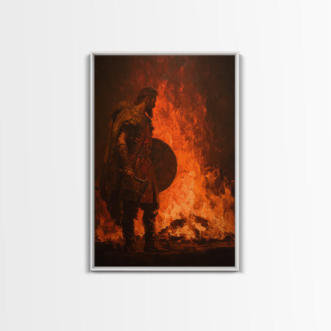 Viking Warrior Beside Blazing Fire Framed Canvas Print, Dark Fantasy Wall Art, Norse Masculine Home Decor, Gift For Him, Office Decor
