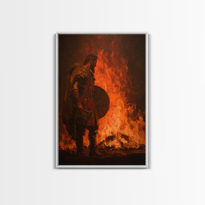 Viking Warrior Beside Blazing Fire Framed Canvas Print, Dark Fantasy Wall Art, Norse Masculine Home Decor, Gift For Him, Office Decor
