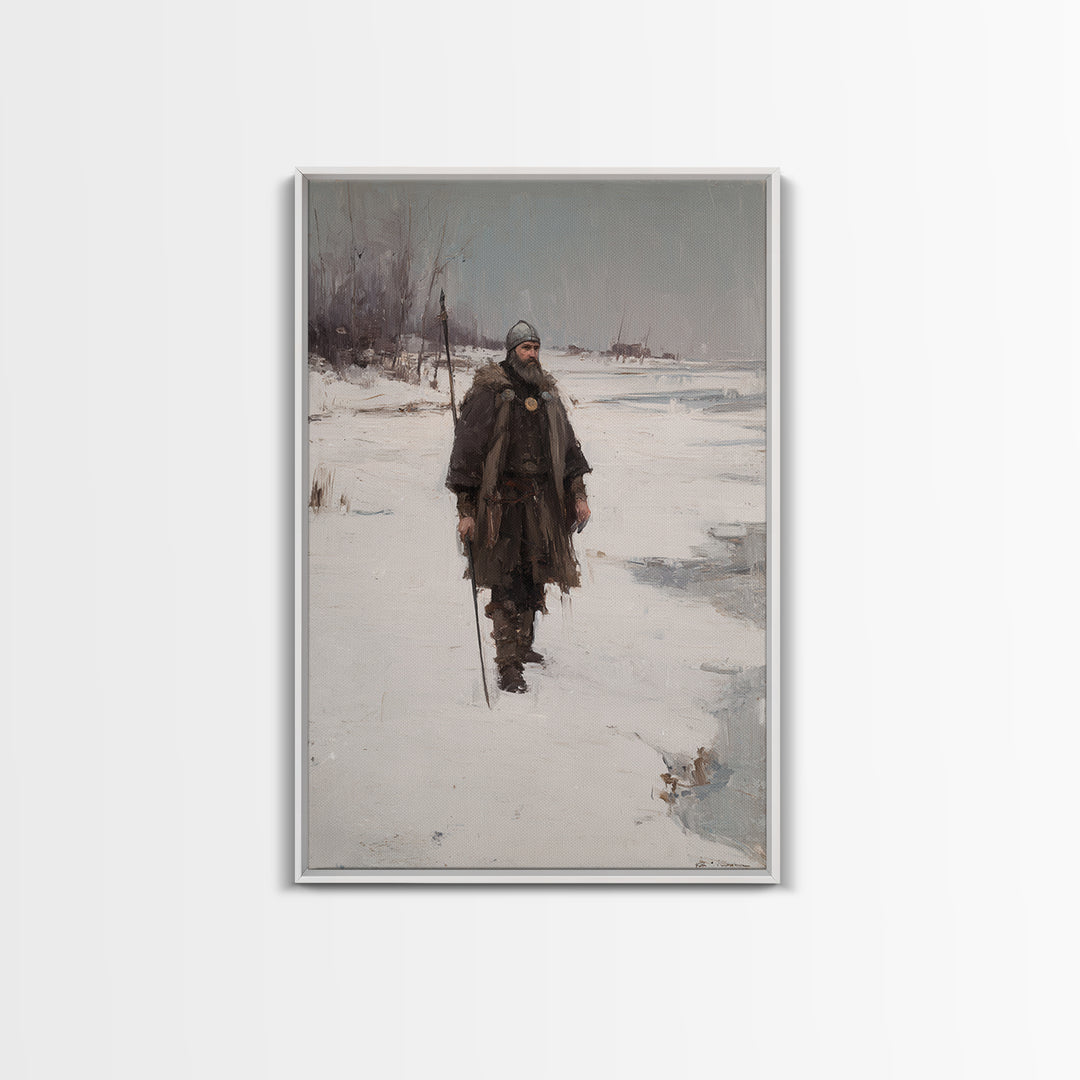 Viking Warrior In Snow Canvas Print, Medieval Winter Landscape Painting, Nordic Wall Art For Rustic Cabin Home Decor Gift