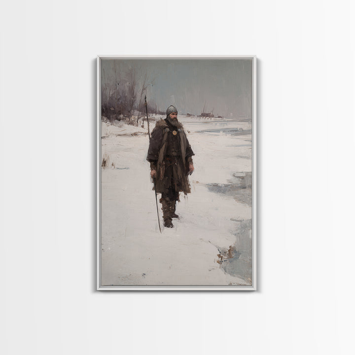 Viking Warrior In Snow Canvas Print, Medieval Winter Landscape Painting, Nordic Wall Art For Rustic Cabin Home Decor Gift