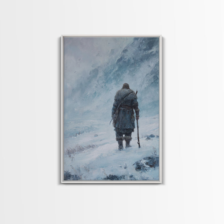 Lone Wanderer In Snowy Mountain Blizzard Wall Art, Viking Winter Landscape Canvas Print For Cabin Decor And Gift For Him