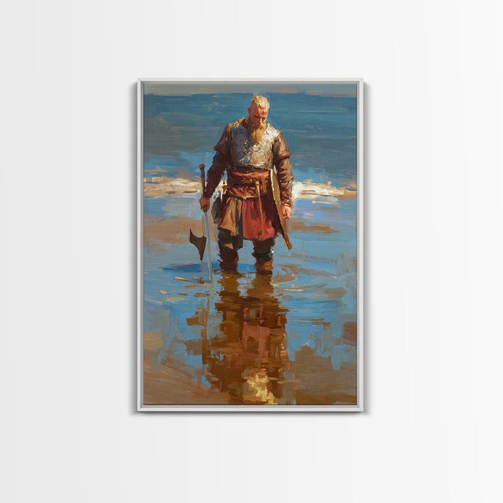 Blond Viking Warrior Standing In Reflective Shore Water Canvas Print, Coastal Fantasy Art, Masculine Wall Decor, Fine Art