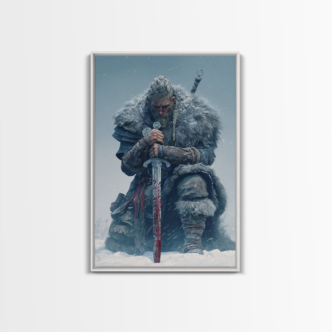 Snowbound Viking Warrior With Bloodied Sword Framed Canvas Print, Norse Wall Art, Masculine Dark Fantasy Decor, Gift For Him