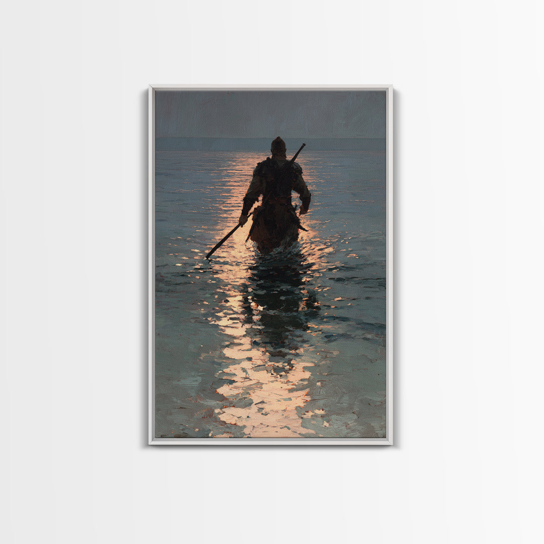 Lone Warrior Wading Through Sunset Sea Wall Art, Moody Seascape Canvas Print, Coastal Fantasy Large Living Room And Office Decor