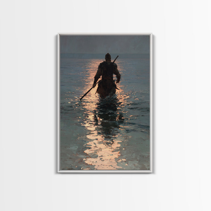 Lone Warrior Wading Through Sunset Sea Wall Art, Moody Seascape Canvas Print, Coastal Fantasy Large Living Room And Office Decor