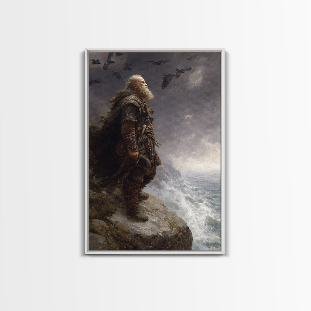 Bearded Viking On Stormy Sea Cliff Wall Art, Norse Raven Seascape Canvas Print, Dark Academia Masculine Decor, Gift For Him