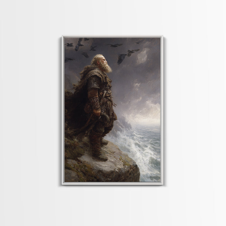 Bearded Viking On Stormy Sea Cliff Wall Art, Norse Raven Seascape Canvas Print, Dark Academia Masculine Decor, Gift For Him
