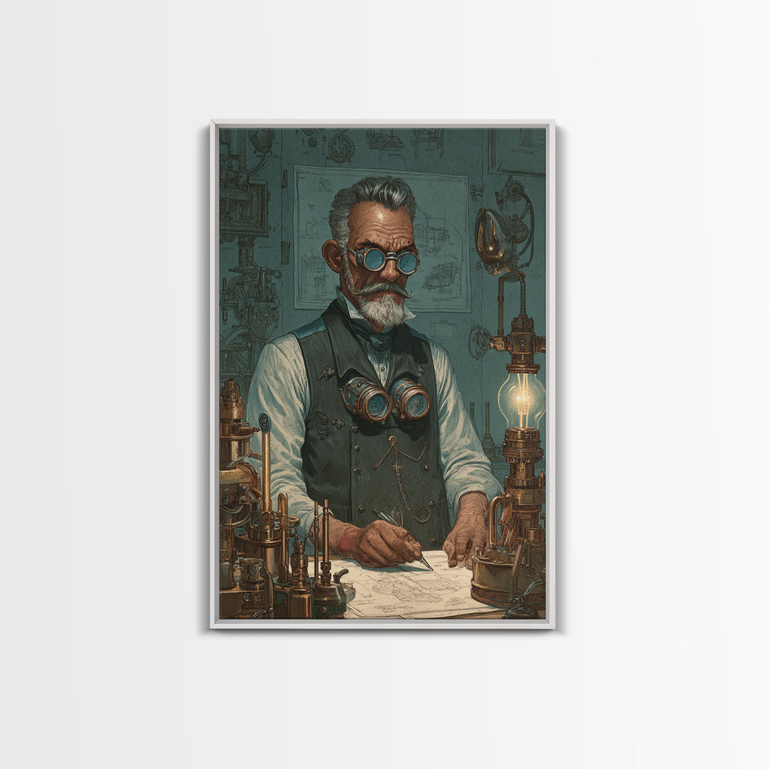 Steampunk Inventor Portrait With Goggles Wall Art, Industrial Office Decor, Science Art Print, Unique Gift For Him, Home Decor