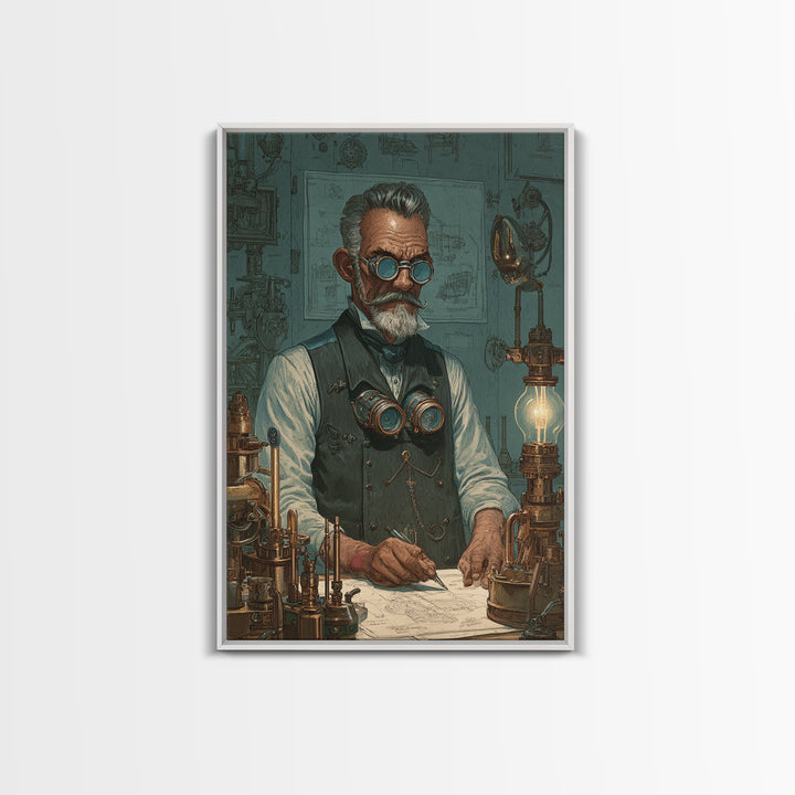 Steampunk Inventor Portrait With Goggles Wall Art, Industrial Office Decor, Science Art Print, Unique Gift For Him, Home Decor