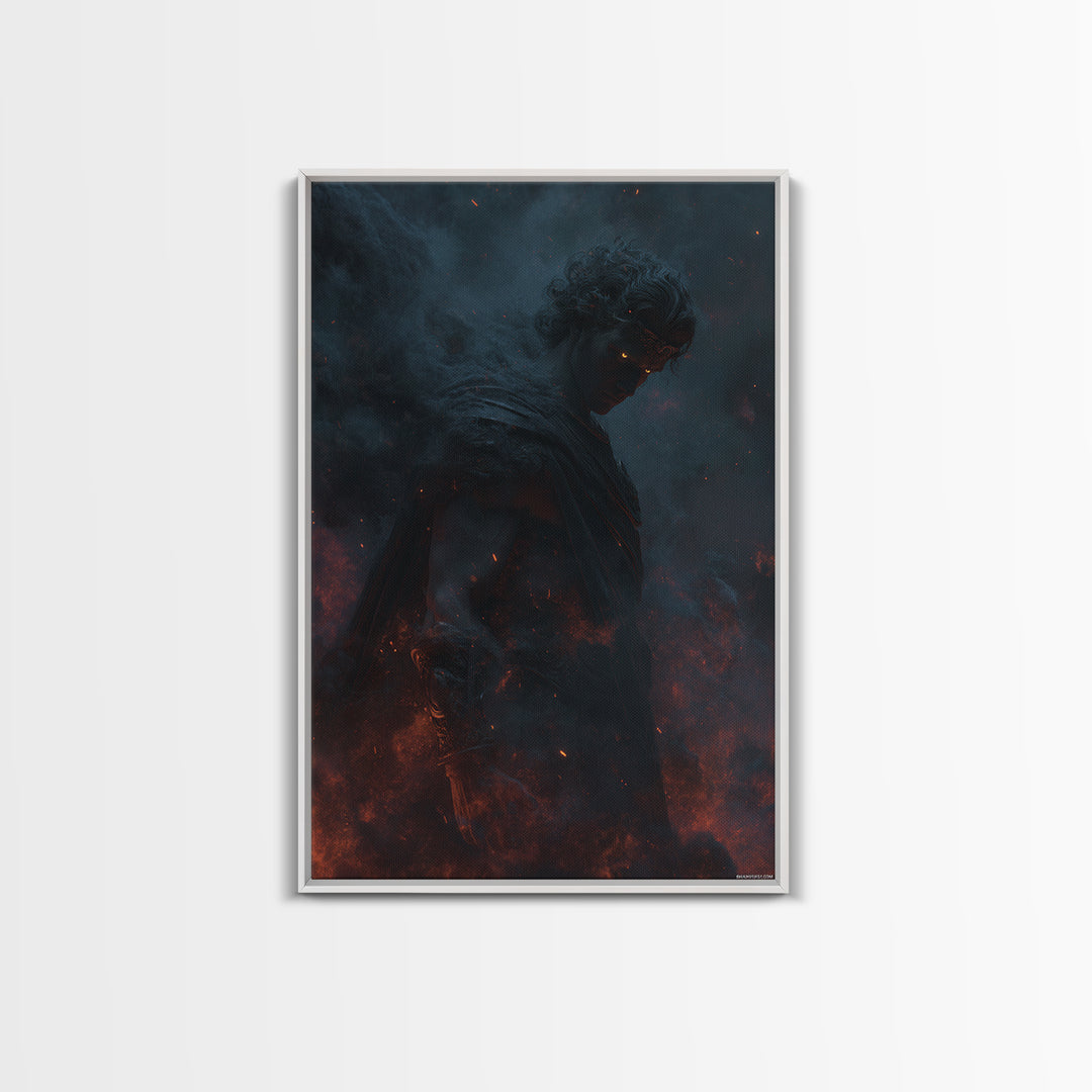 Fiery Dark Warrior With Glowing Eyes Wall Art, Mythological Fantasy Canvas Print, Gothic Decor, Dramatic Office Art For Men
