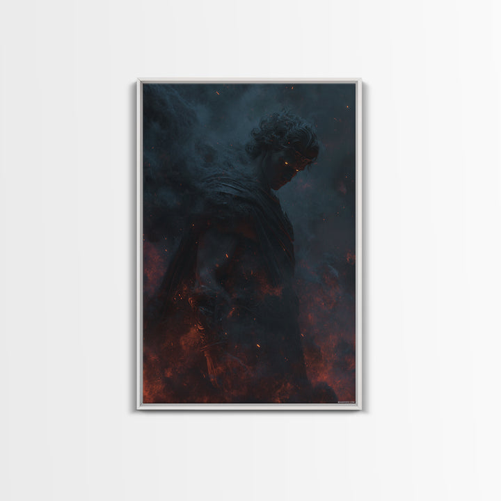 Fiery Dark Warrior With Glowing Eyes Wall Art, Mythological Fantasy Canvas Print, Gothic Decor, Dramatic Office Art For Men