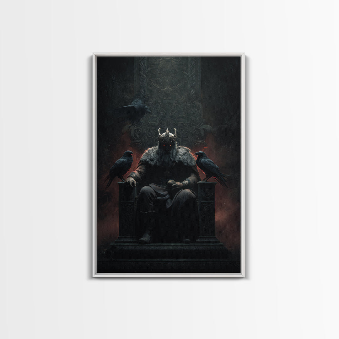 Dark Raven King On Gothic Throne Wall Art, Norse Mythology Fantasy Poster, Moody Viking Decor, Dark Academia Gift For Him