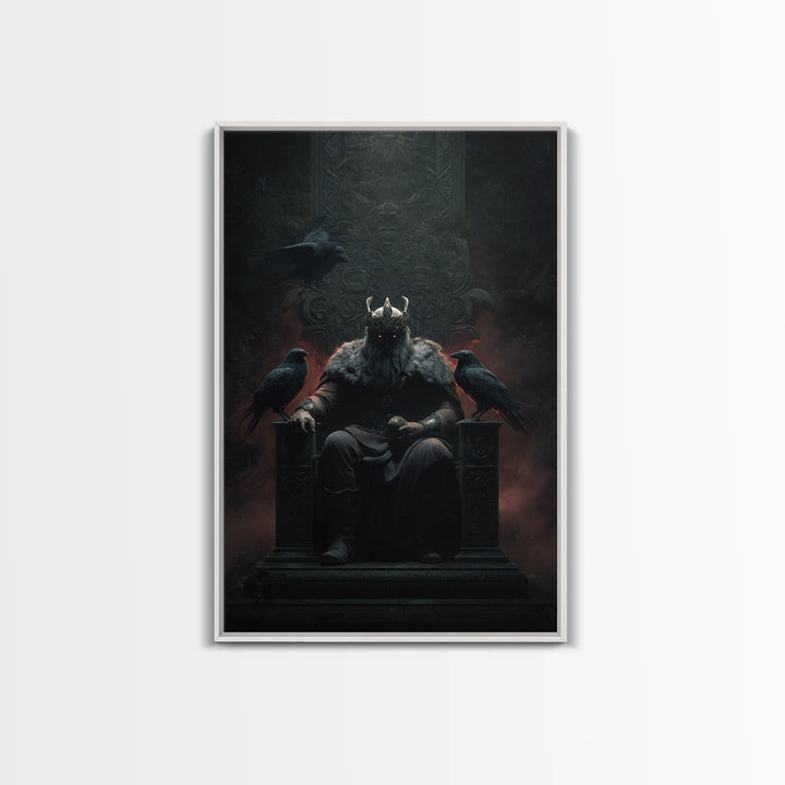Dark Raven King On Gothic Throne Wall Art, Norse Mythology Fantasy Poster, Moody Viking Decor, Dark Academia Gift For Him