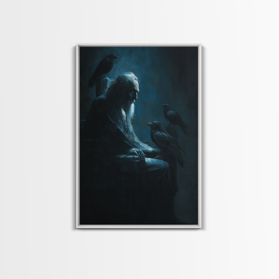 Elder With Ravens In Moody Blue Shadows Wall Art, Gothic Dark Academia Canvas Print For Living Room Decor And Unique Gift