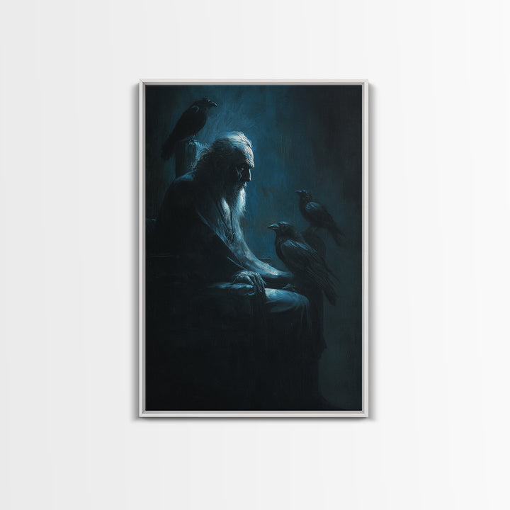 Elder With Ravens In Moody Blue Shadows Wall Art, Gothic Dark Academia Canvas Print For Living Room Decor And Unique Gift